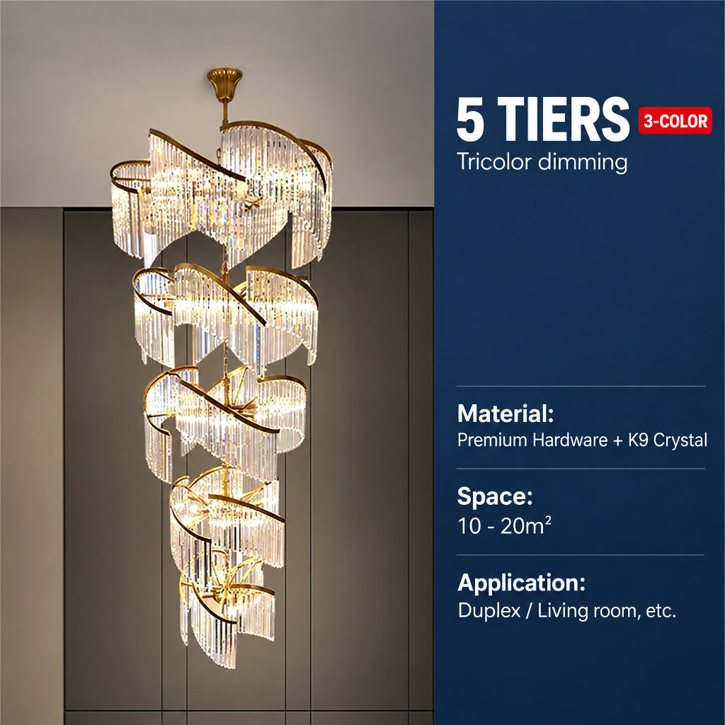Luxury Crystal Stairwell Chandelier, Custom‑size Crystal Pendant Light for Villa Hollow Living Room, Vaulted Duplex & High‑rise Lobby