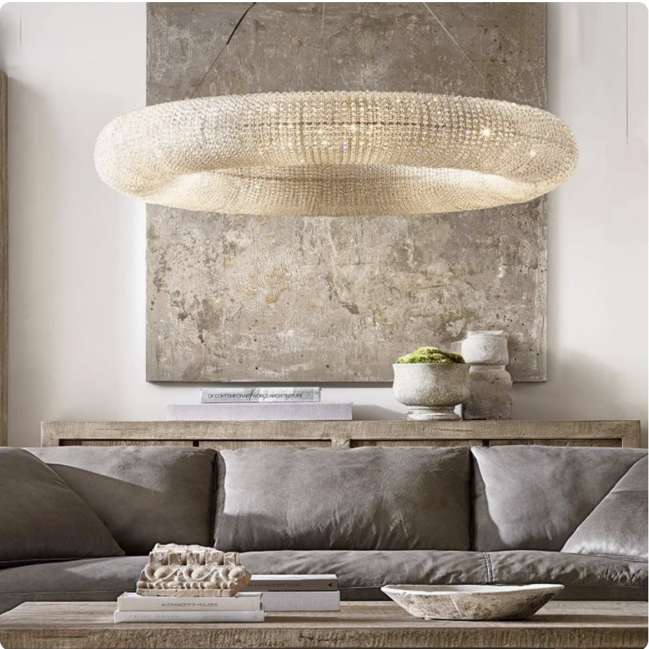 Creative Ring‑shaped Iron Chandelier, Retro Simple Crystal Pendant Light for Living Room, Dining Room, Villa & Showroom