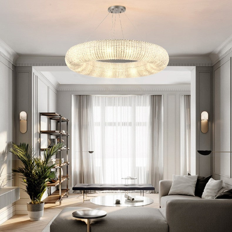 Creative Ring‑shaped Iron Chandelier, Retro Simple Crystal Pendant Light for Living Room, Dining Room, Villa & Showroom