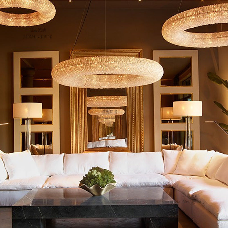 Creative Ring‑shaped Iron Chandelier, Retro Simple Crystal Pendant Light for Living Room, Dining Room, Villa & Showroom